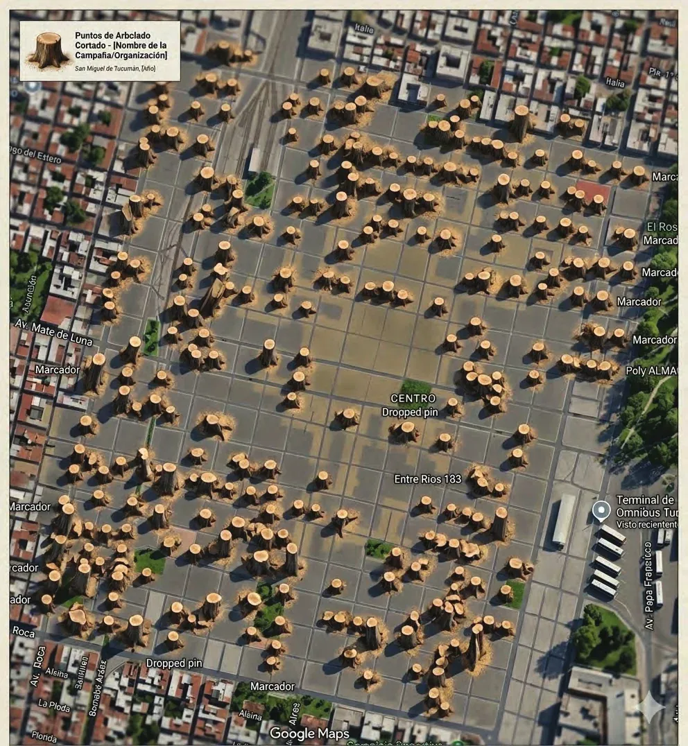 Representación gráfica de los árboles cortados sobre el mapa satelital del microcentro
