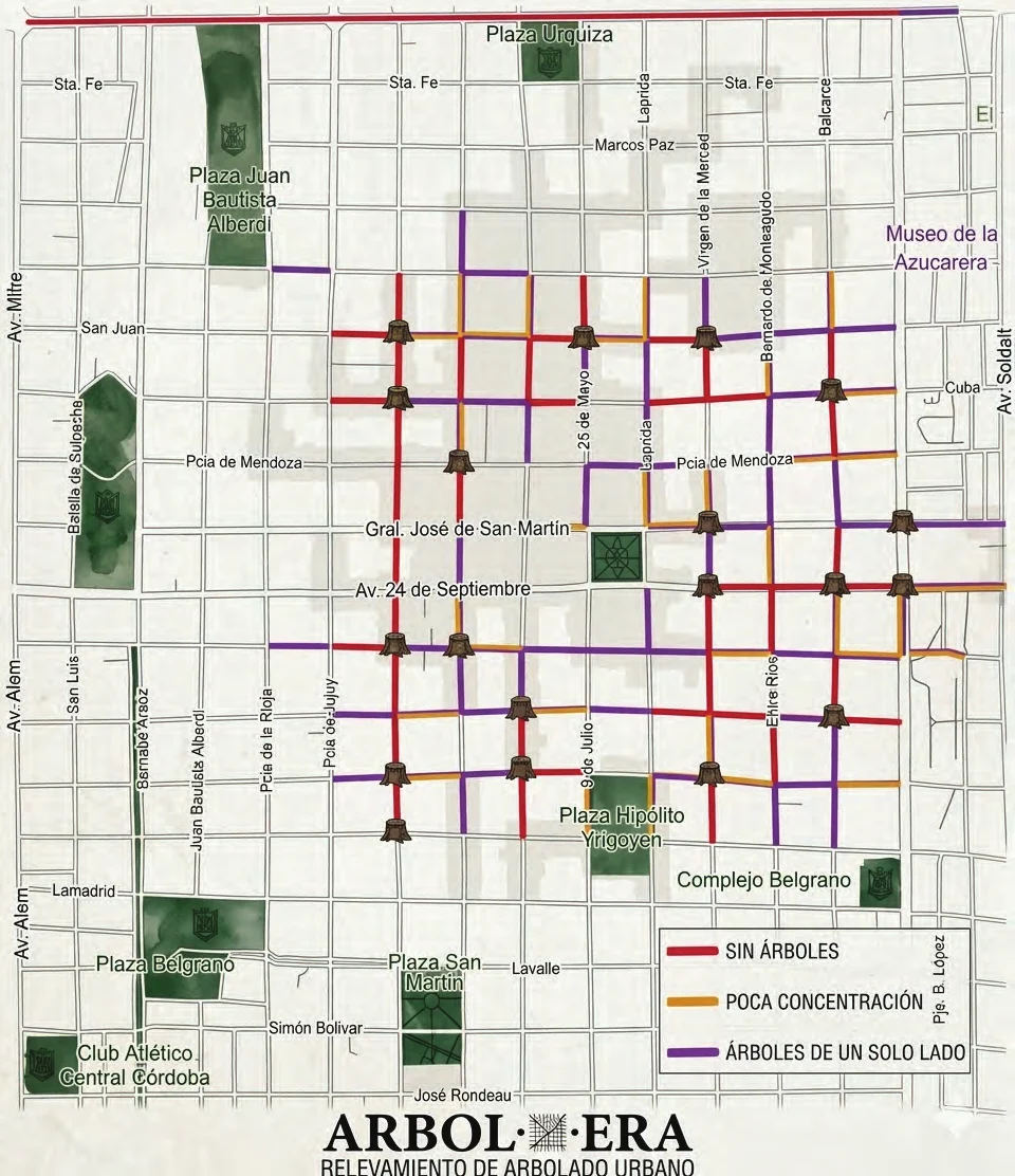 Mapa de relevamiento del arbolado en el microcentro de San Miguel de Tucumán