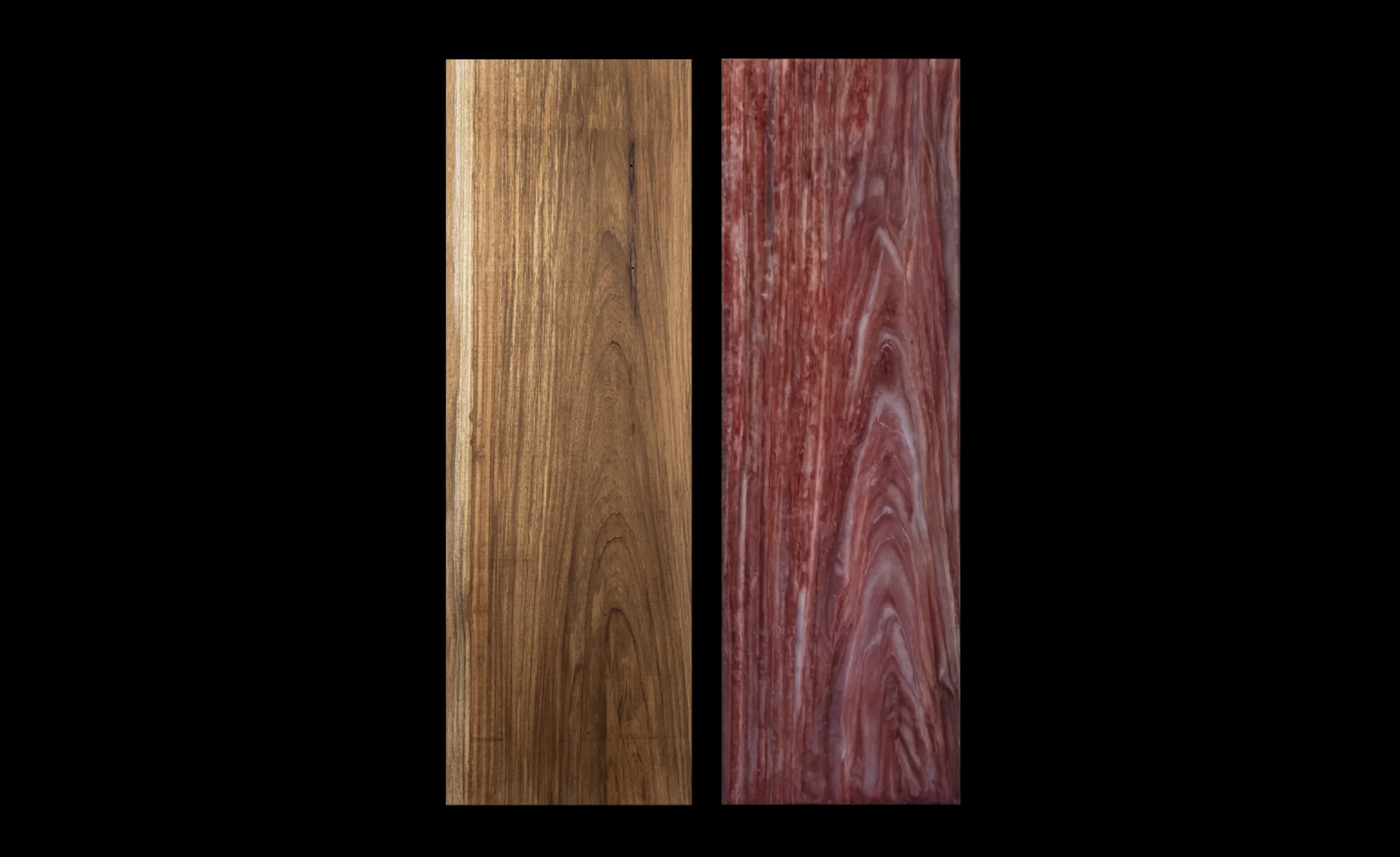 Ciertos Desiertos — muestra de material: madera natural y madera impresa con textura de carne